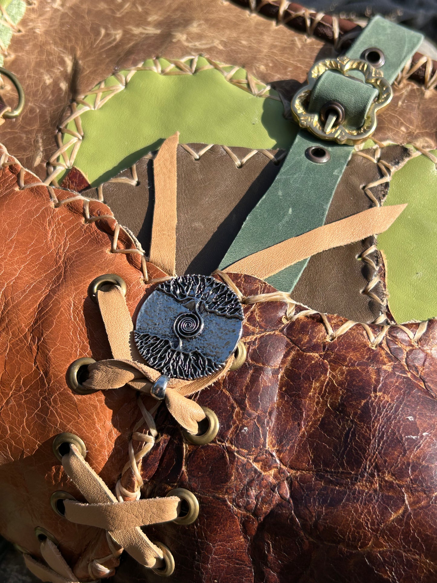 Medieval Inspired Leather Satchel with Celtic Knot Medallion, Deer Antler, and Smokey Quartz