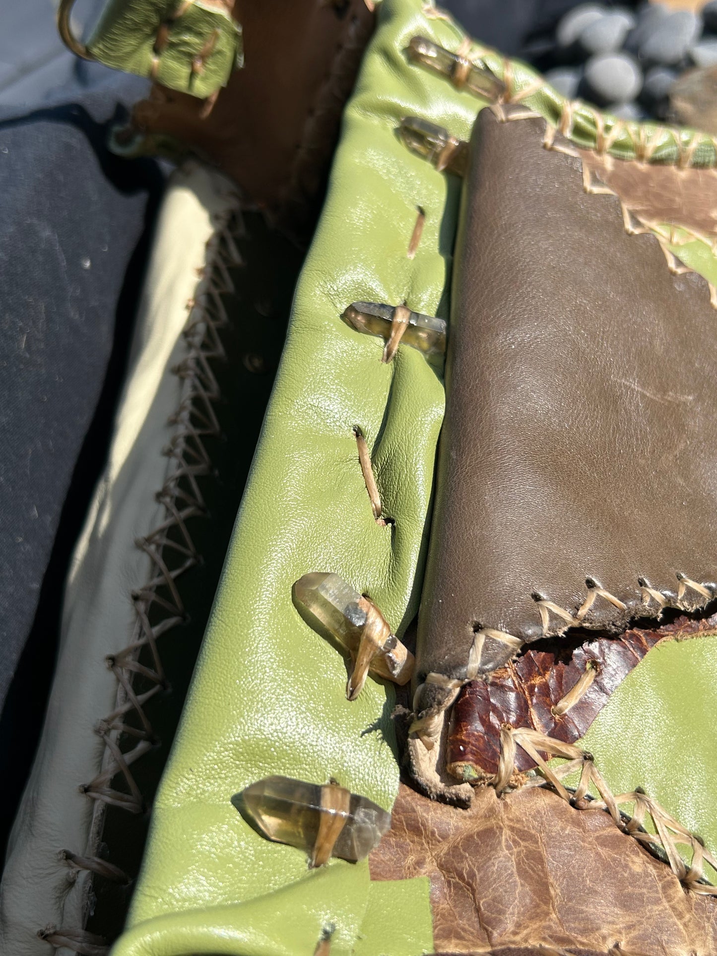 Medieval Inspired Leather Satchel with Celtic Knot Medallion, Deer Antler, and Smokey Quartz