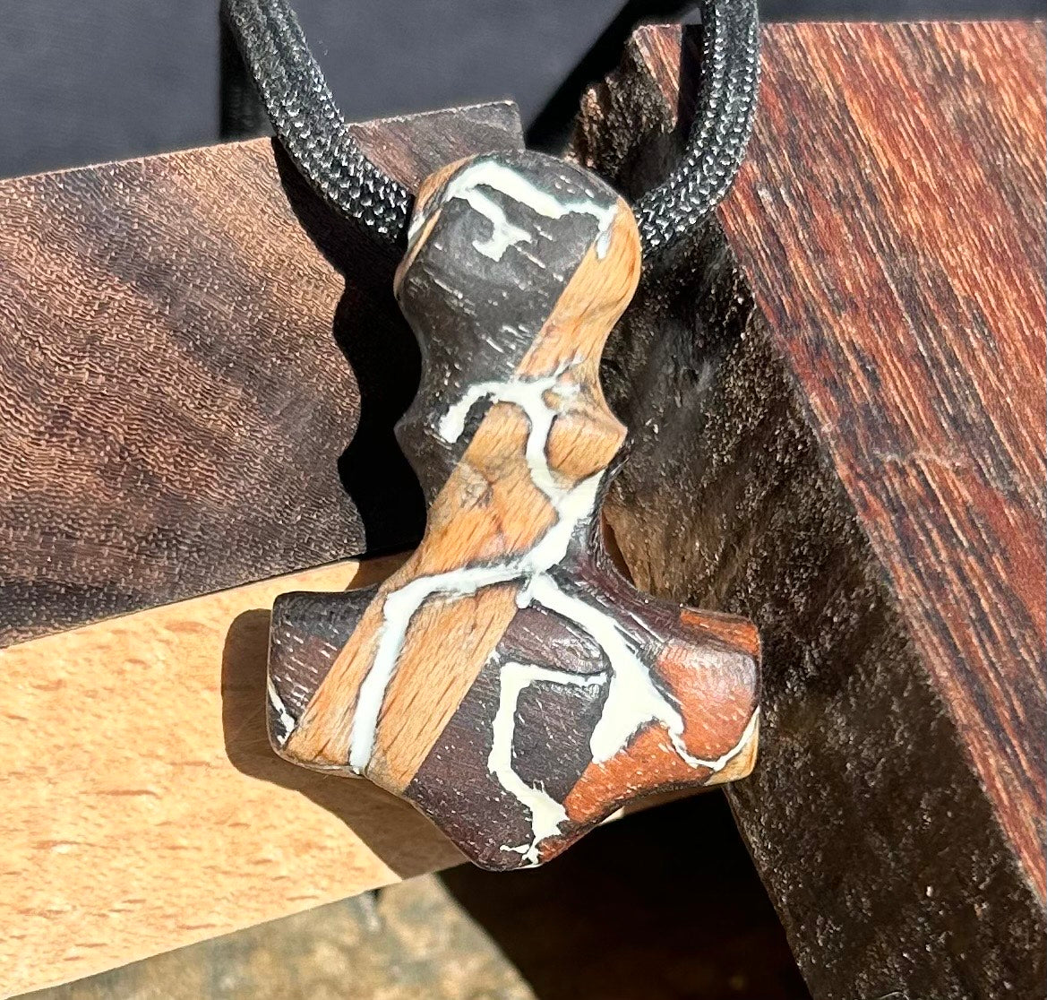 Multi Species Exotic Wood Mjolnir Pendant, Hand Carved with Glow Inlay