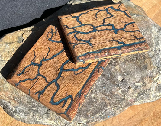 Red Oak Drink Coasters, Fractal Burned with Glow Inlay