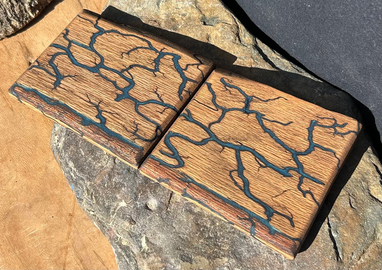 Red Oak Drink Coasters, Fractal Burned with Glow Inlay