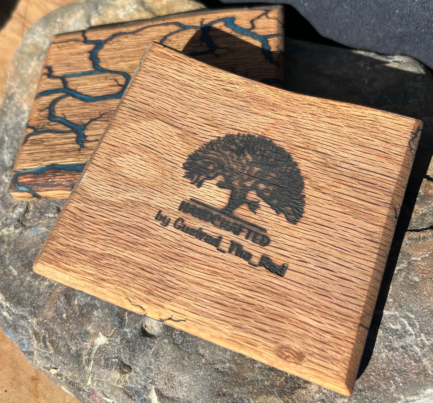 Red Oak Drink Coasters, Fractal Burned with Glow Inlay