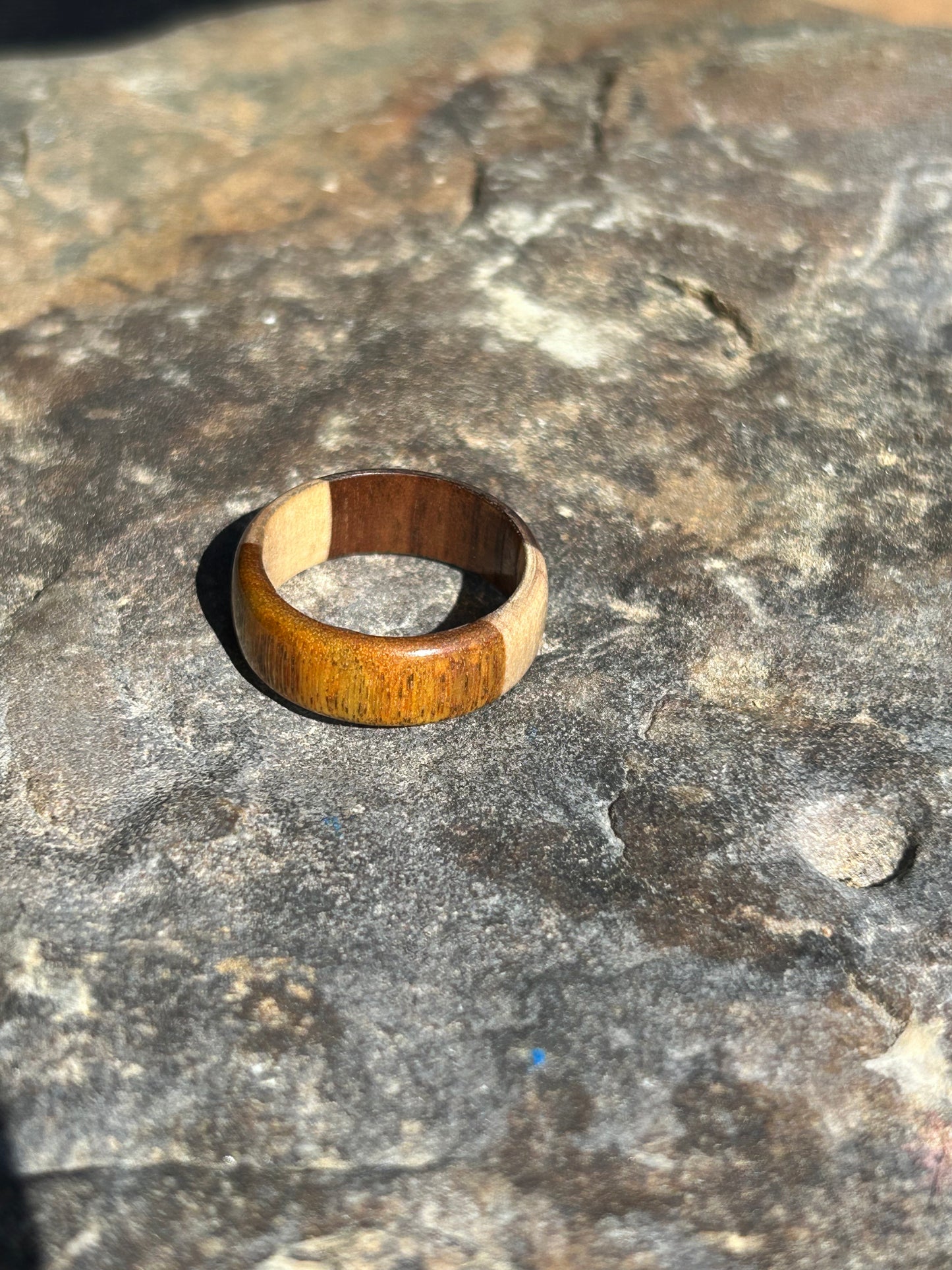 Canary Wood Black Walnut and Maple Turned Ring Size 10.5