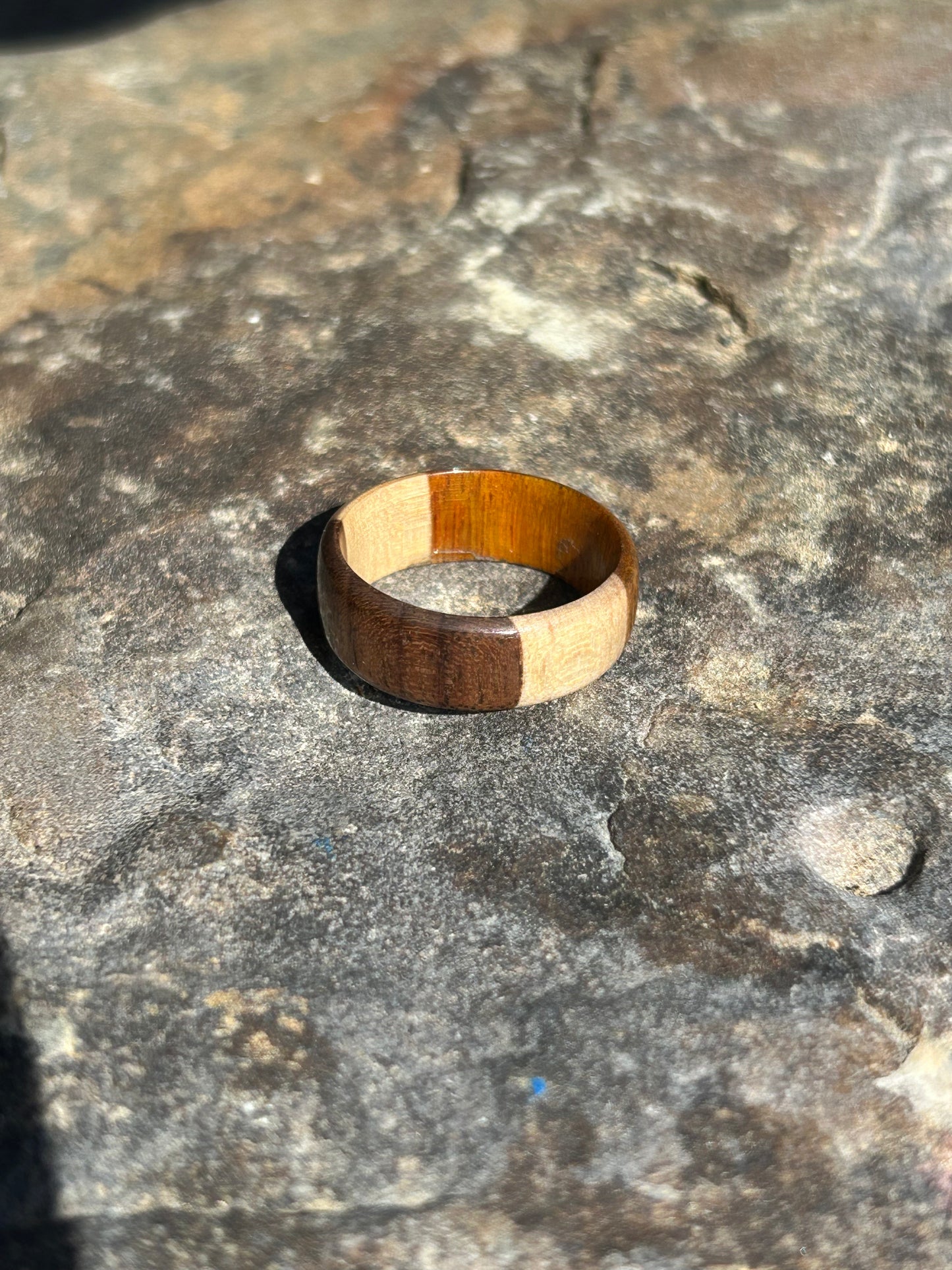 Canary Wood Black Walnut and Maple Turned Ring Size 10.5