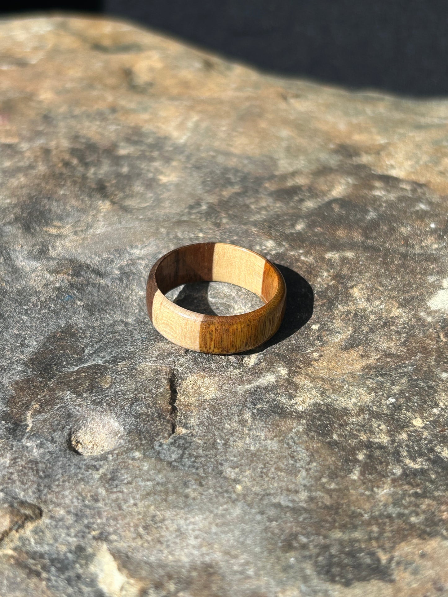 Canary Wood Black Walnut and Maple Turned Ring Size 10.5