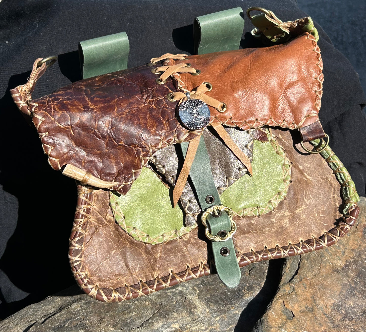 Medieval Inspired Leather Satchel with Celtic Knot Medallion, Deer Antler, and Smokey Quartz