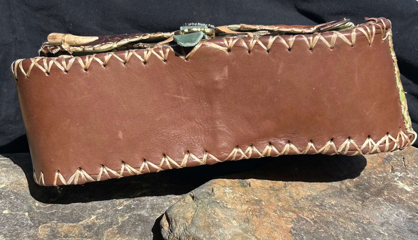 Medieval Inspired Leather Satchel with Celtic Knot Medallion, Deer Antler, and Smokey Quartz