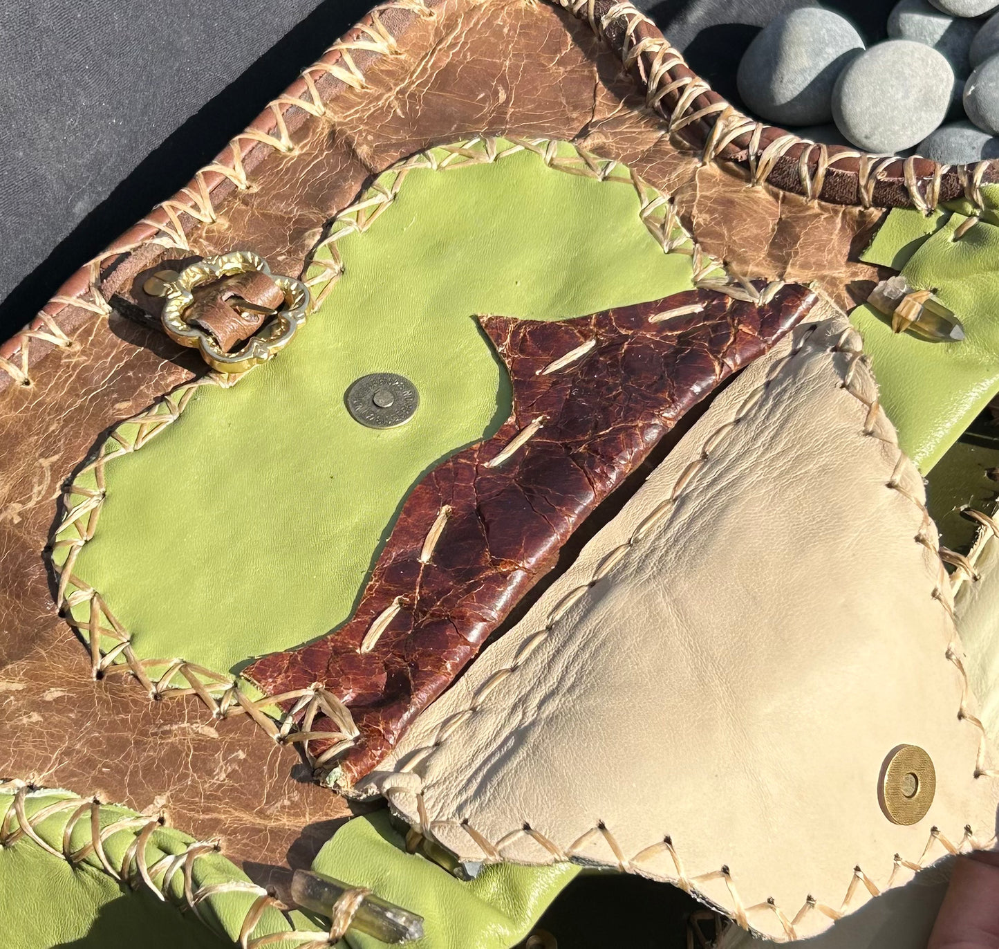 Medieval Inspired Leather Satchel with Celtic Knot Medallion, Deer Antler, and Smokey Quartz