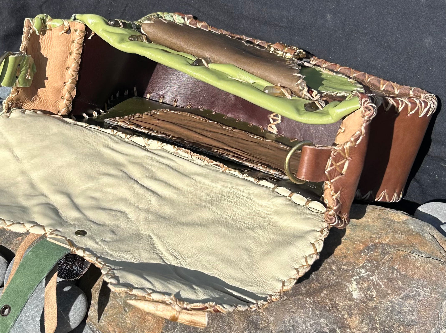 Medieval Inspired Leather Satchel with Celtic Knot Medallion, Deer Antler, and Smokey Quartz