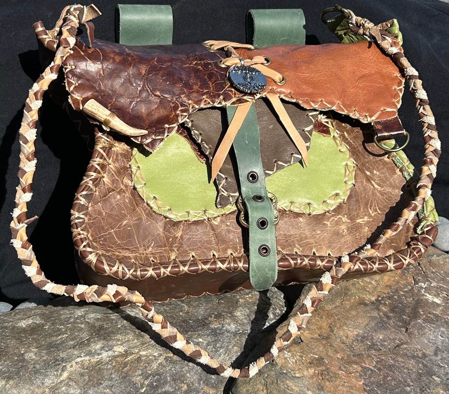 Medieval Inspired Leather Satchel with Celtic Knot Medallion, Deer Antler, and Smokey Quartz
