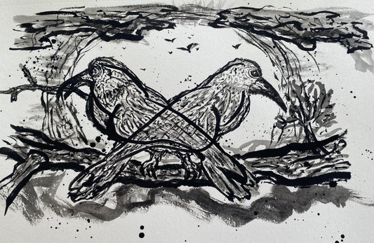 "Raven's in the Evening" - (9"x12") Hand Painted Black Art - Original